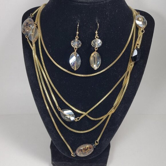 Layered Beaded Gold tone Long Necklace W/ matching Earrings - Women Jewelry - Picture 3 of 11